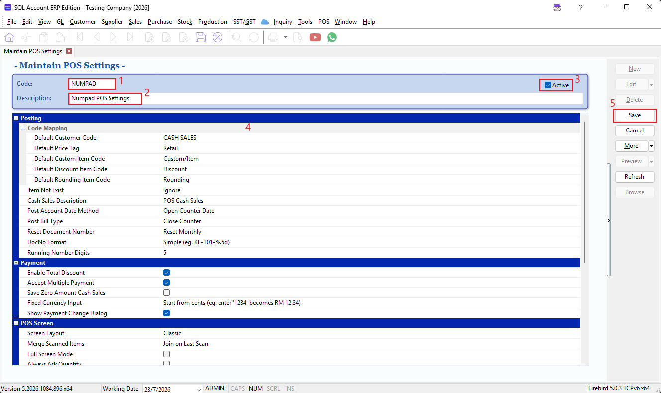 Maintain POS Settings form