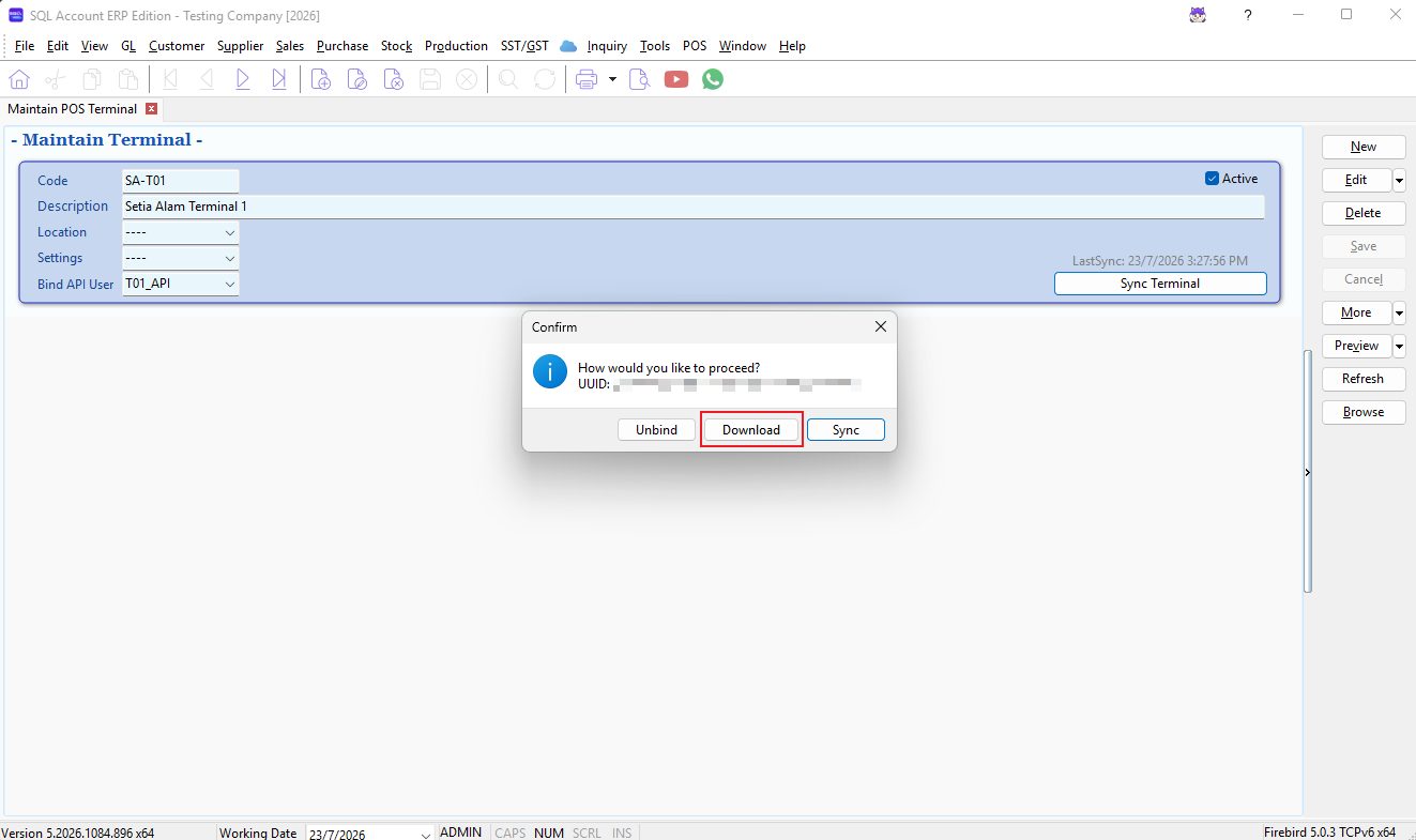 Select Download from Sync Terminal