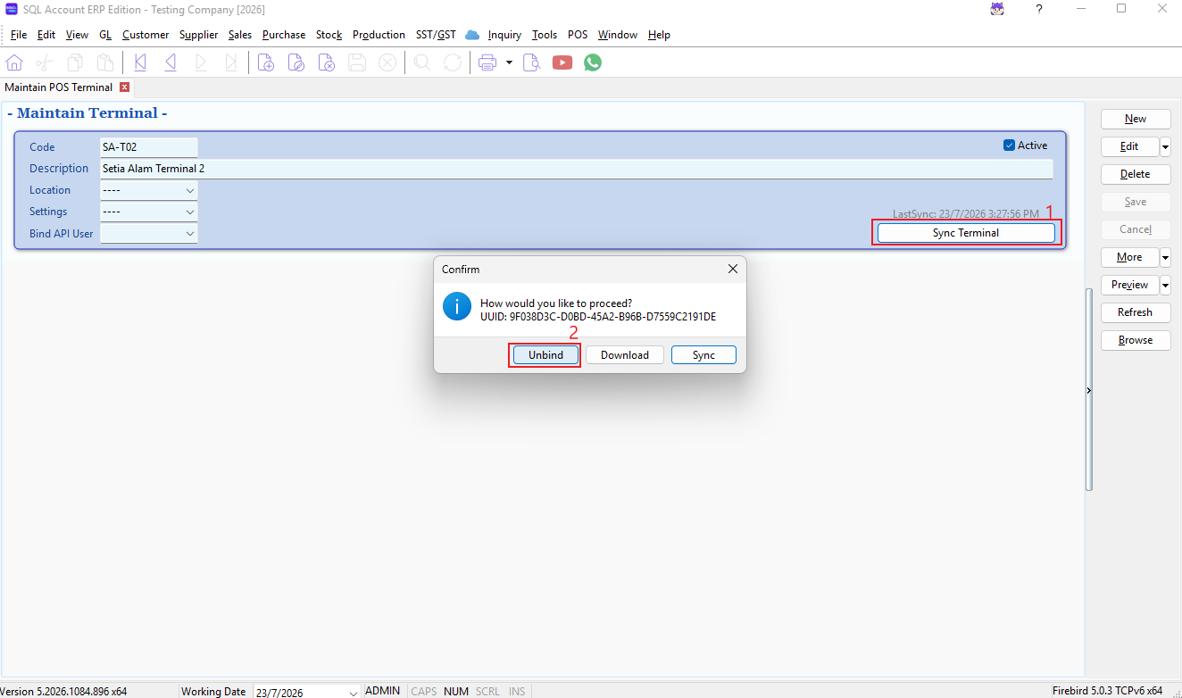 Reset a terminal binding