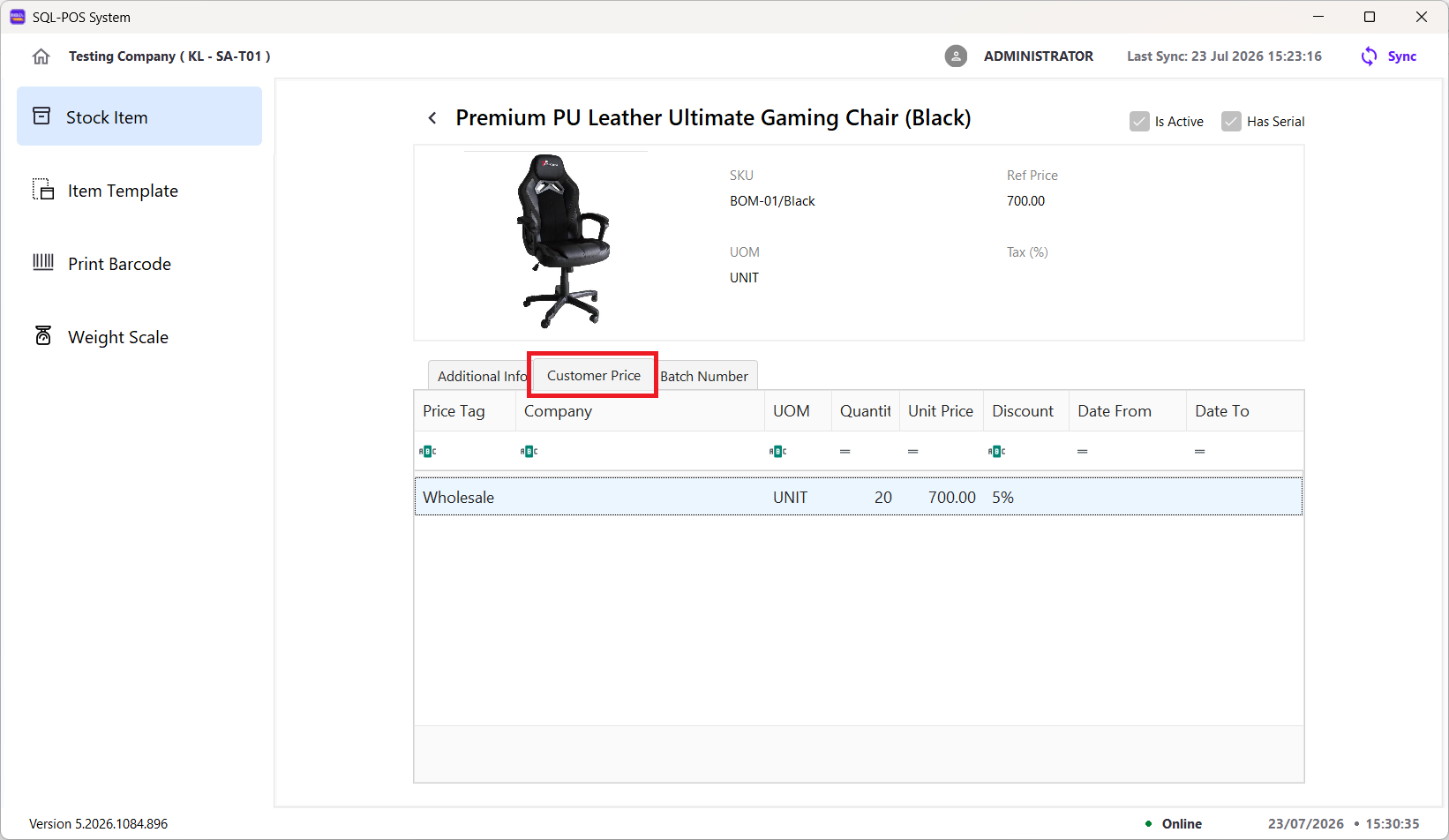 Customer prices for a stock item