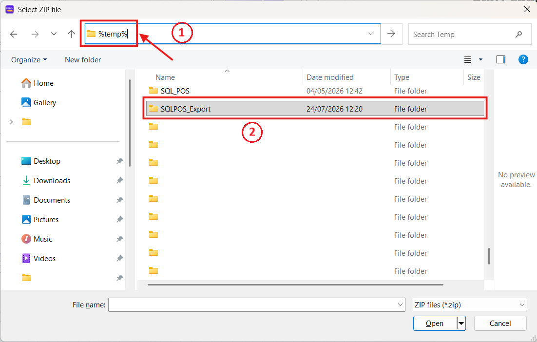 Locate the SQLPOS_Export folder in the Windows Temp folder